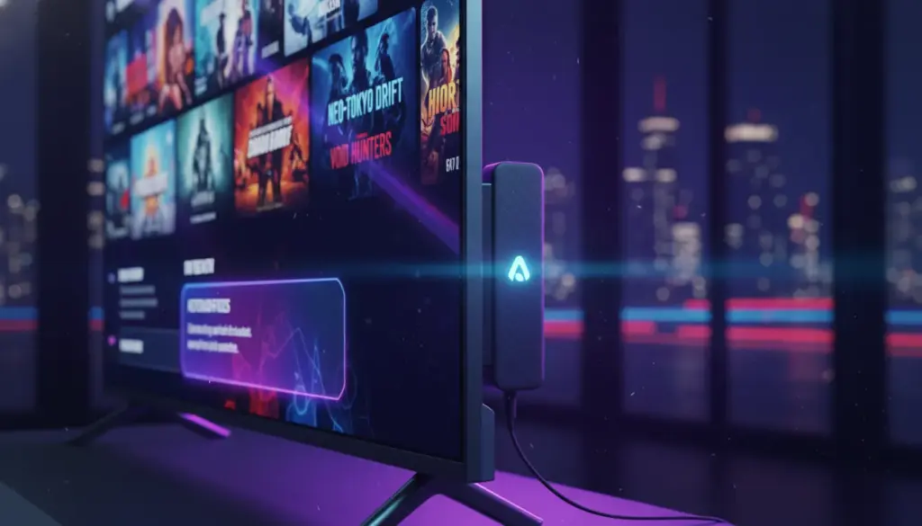 Best IPTV Firestick modern home cinema setup showcasing a premium 4K IPTV interface on a massive OLED screen with vibrant colors.