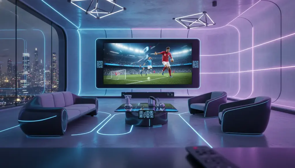 Best Premium 4K IPTV A modern home cinema setup showcasing a premium 4K IPTV interface on a massive OLED screen with vibrant colours.