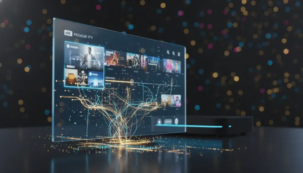 Best Premium 4K IPTV High-tech visualization of a 4K IPTV streaming device with glowing data streams and futuristic digital connectivity.