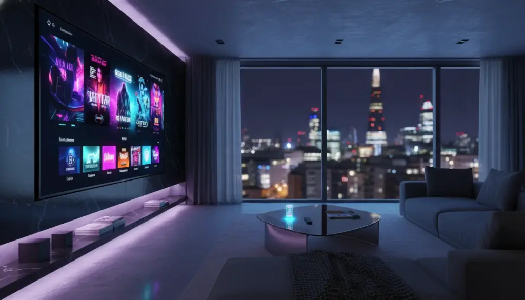 iptv subscription uk Modern UK living room featuring a premium IPTV interface on a large smart TV with vibrant neon lighting.