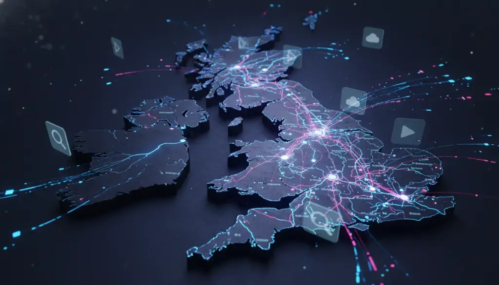 iptv subscription uk Futuristic digital data stream over a UK map representing high-speed IPTV and streaming technology in 2026.
