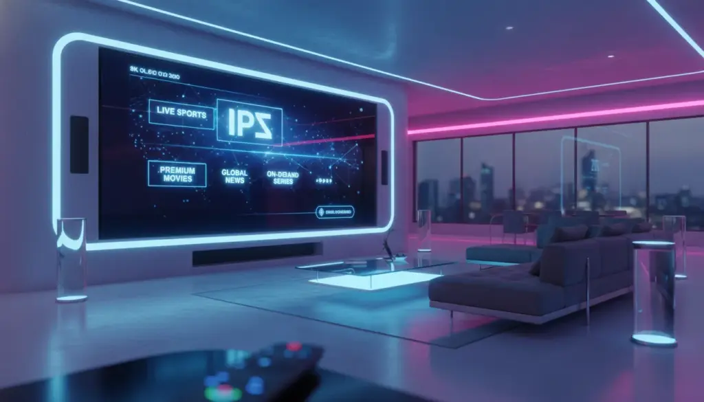 iptv subscription usa Modern living room featuring a premium IPTV interface on a high-definition smart TV representing cord-cutting in the USA.