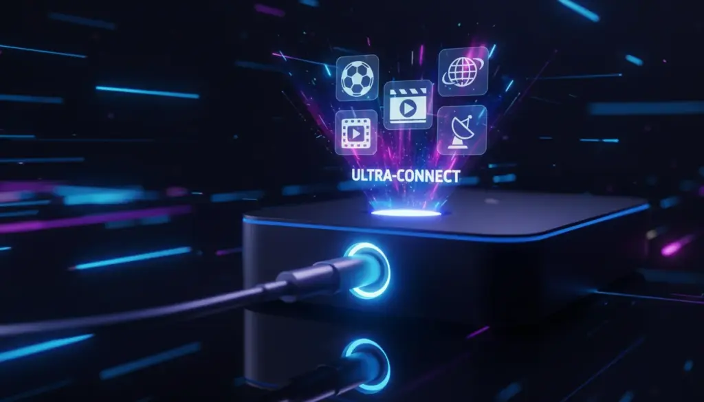 iptv subscription usa A high-tech streaming device with holographic channel icons illustrating a premium IPTV subscription service.