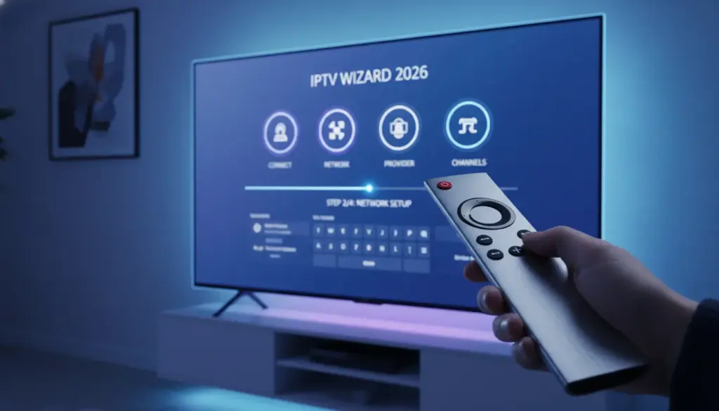 IPTV for Smart TV Modern Smart TV displaying a colorful IPTV interface in a high-tech living room with neon ambient lighting.